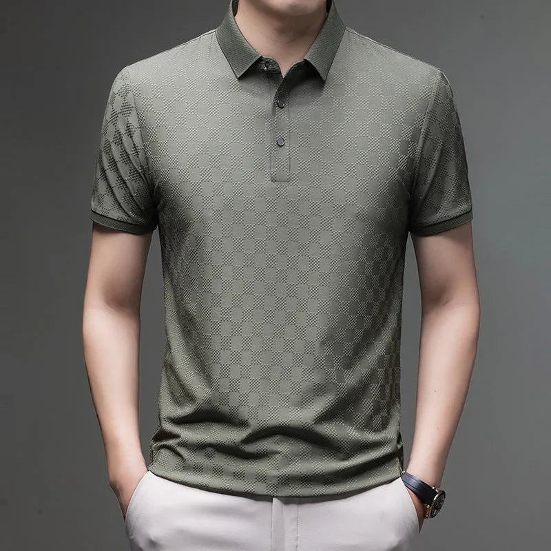 Rhombus brand thin ice silk short sleeve t-shirt with a slit design detail, shown in black.