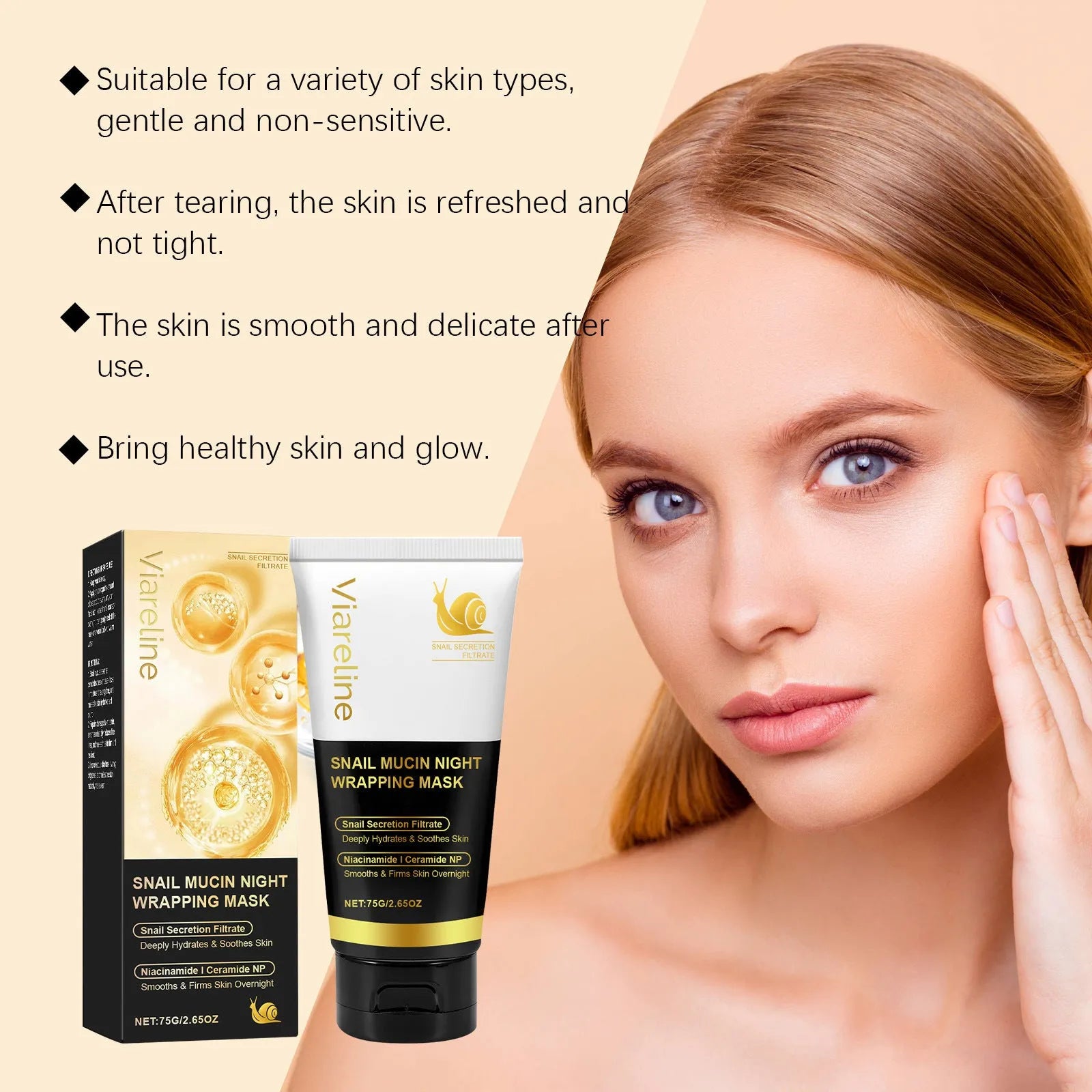 Single 75g snail mucus tearing facial sheet mask for hydration.
