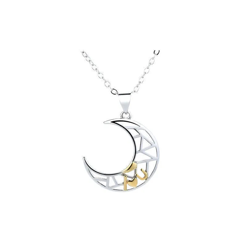 Copper sun and moon tooth couple necklace set with electroplated finish on a cross chain.