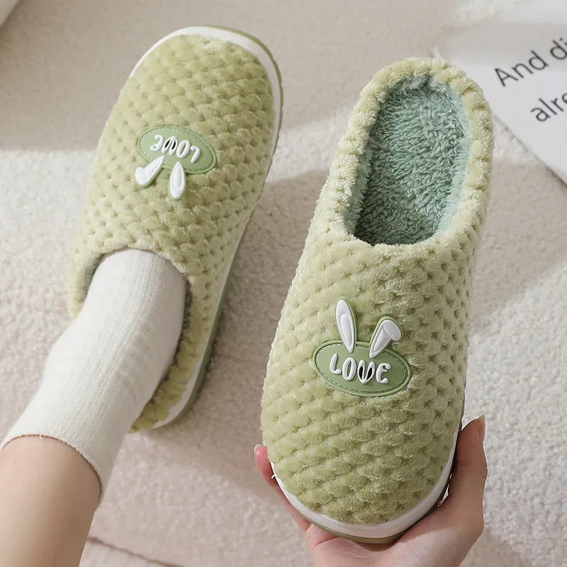 Women's plaid design artificial fur house slippers with a thick rubber non-slip sole in apricot colour
