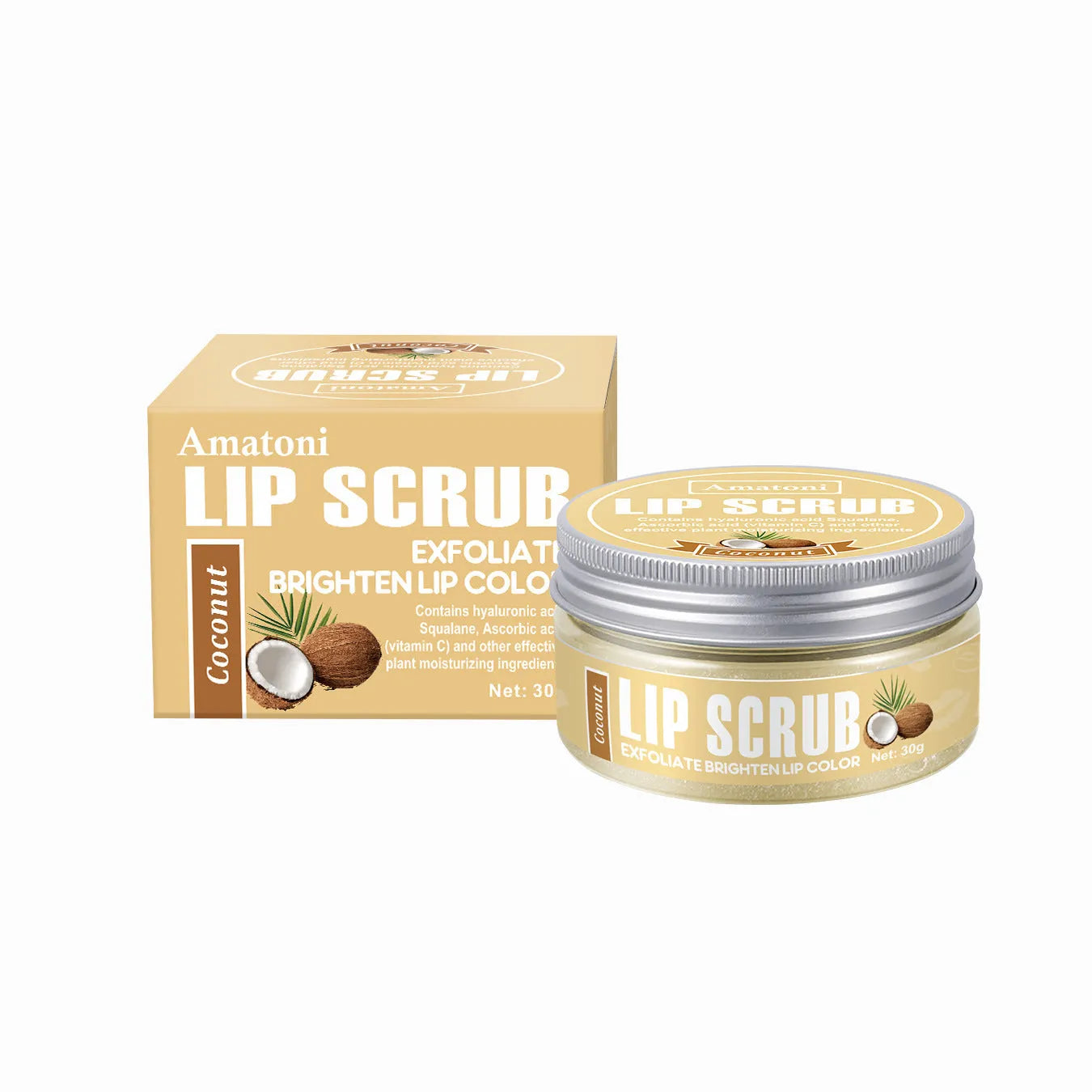 Amatoni Lip Scrub pot in Coconut, Raspberry, Vanilla, or Watermelon flavour, 30g net weight.