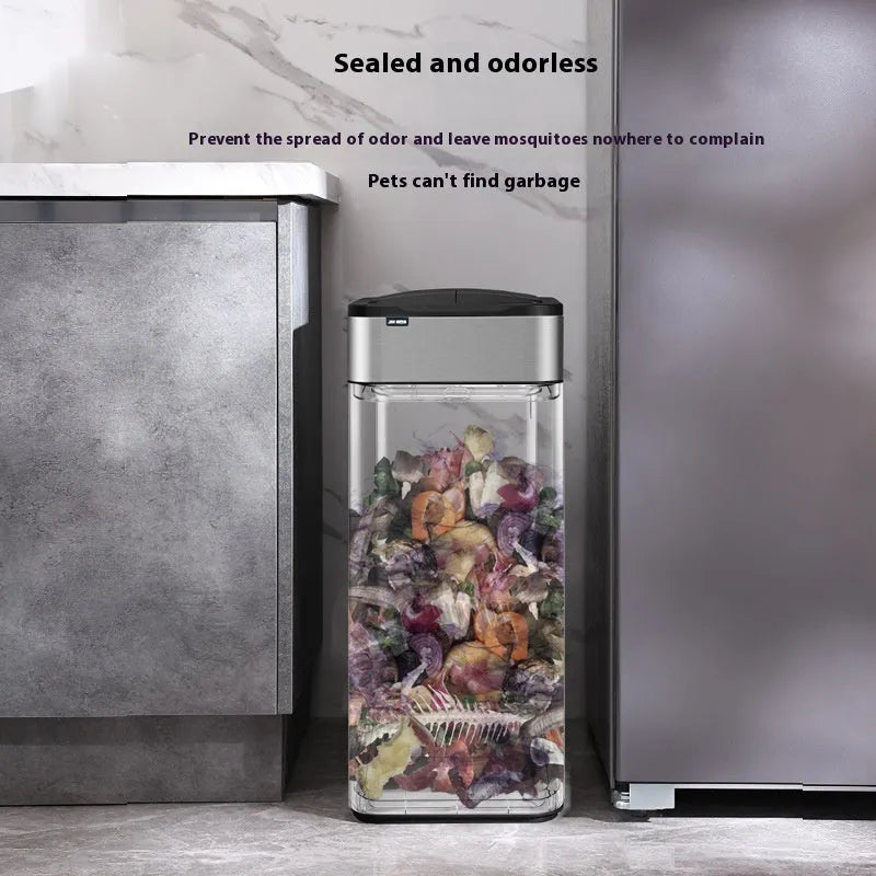 Stainless steel square inductive smart trash can with automatic lid and deodorising function.