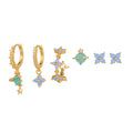 Japanese Korean style flower earrings with blue protein nail design and zircon accents in gold or silver colour