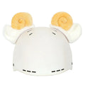 Soft plush cartoon helmet decoration sitting on top of a black ski boot.