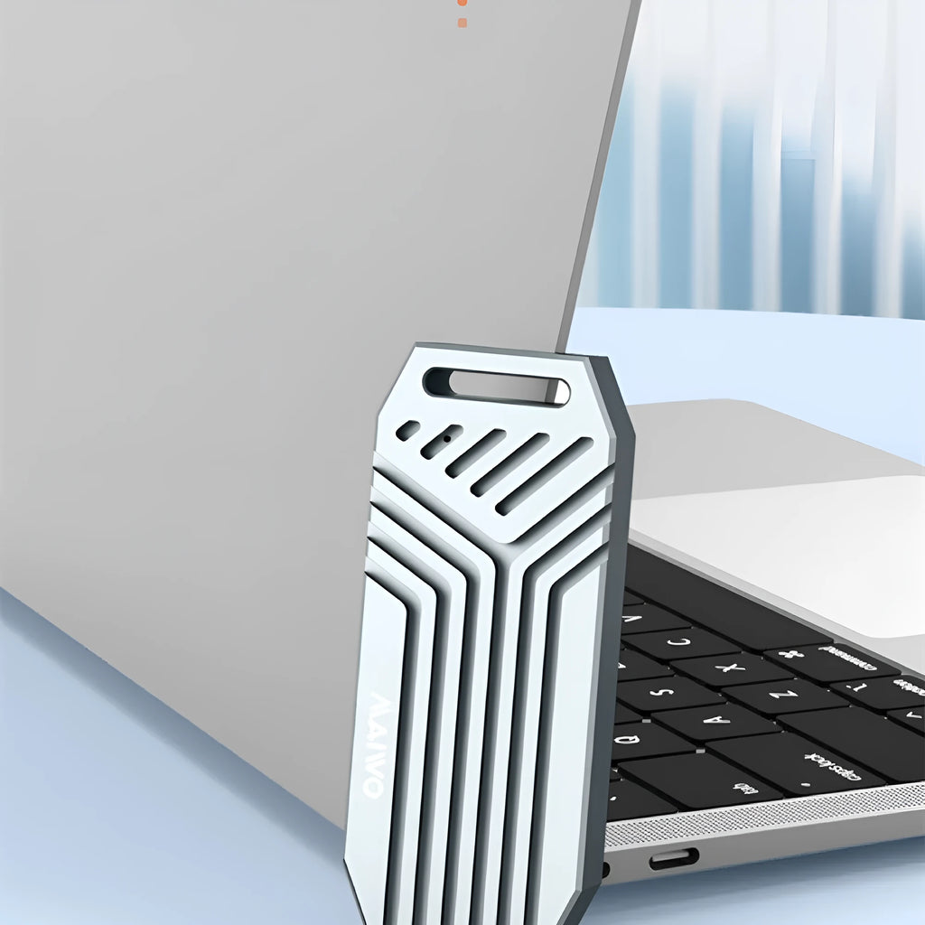 Thunderbolt 4 M.2 NVMe SSD aluminium enclosure in silver or grey with compact 50x118x13mm dimensions
