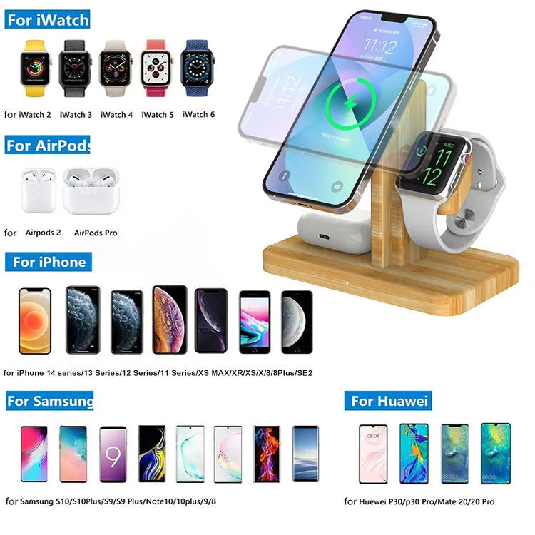 Bamboo three-in-one wireless charger desktop phone holder in natural colour