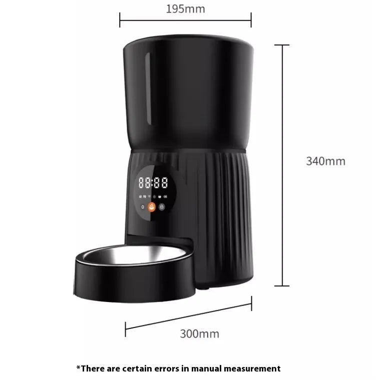 Black and white intelligent pet feeder with automatic timing and portion control for dry food
