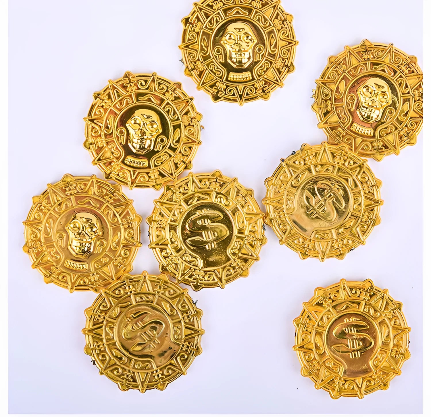 Plastic pirate gold coin with pointed tip styling measuring 3.6cm diameter