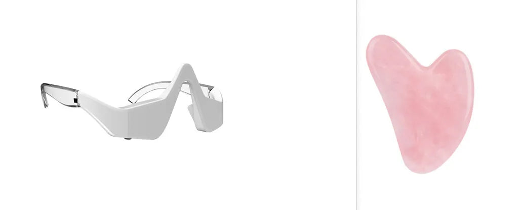 Pink and white micro-current eye massager with glasses-style design