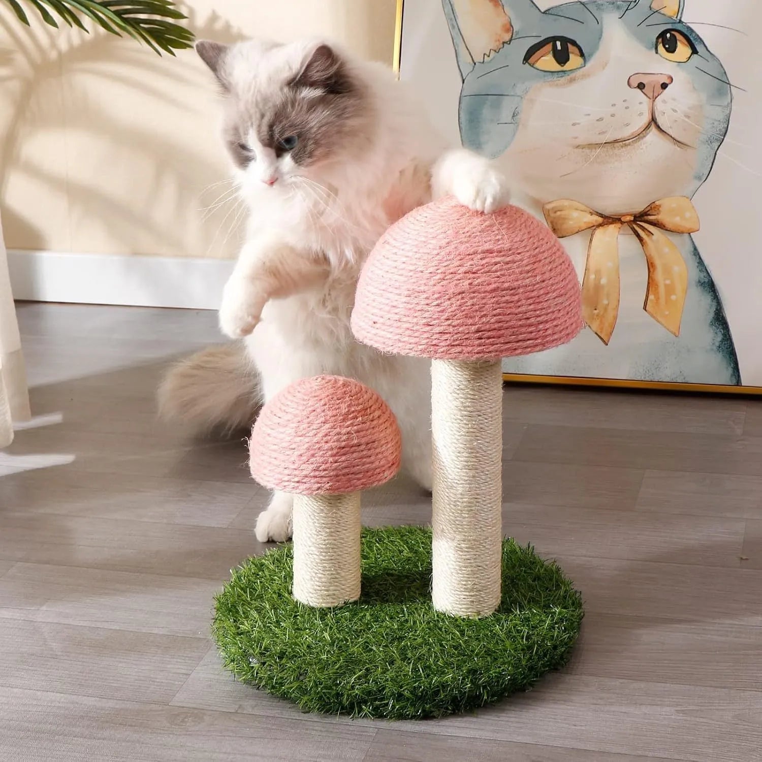 Pink mushroom-shaped cat scratching post with sisal caps for small cats