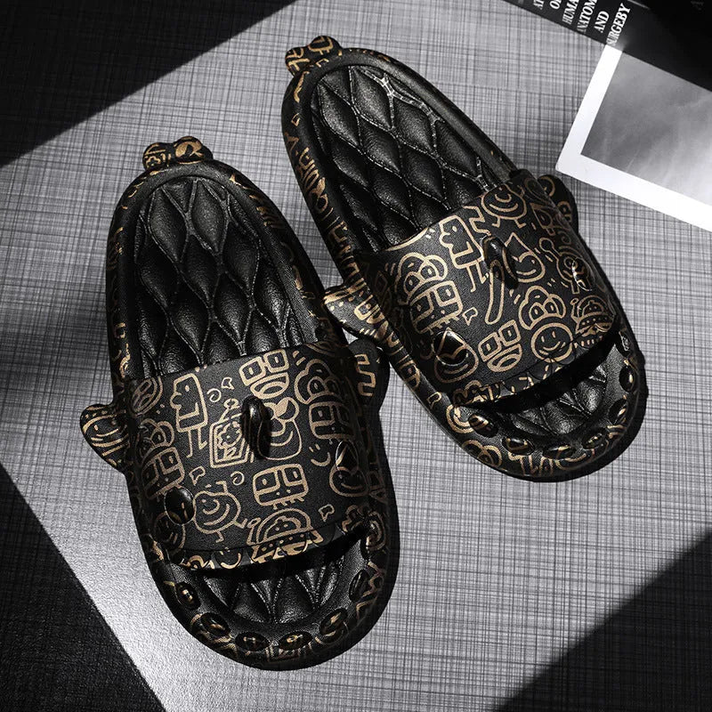 Shark-themed open toe slippers made from EVA material in beige, shown from a side view.