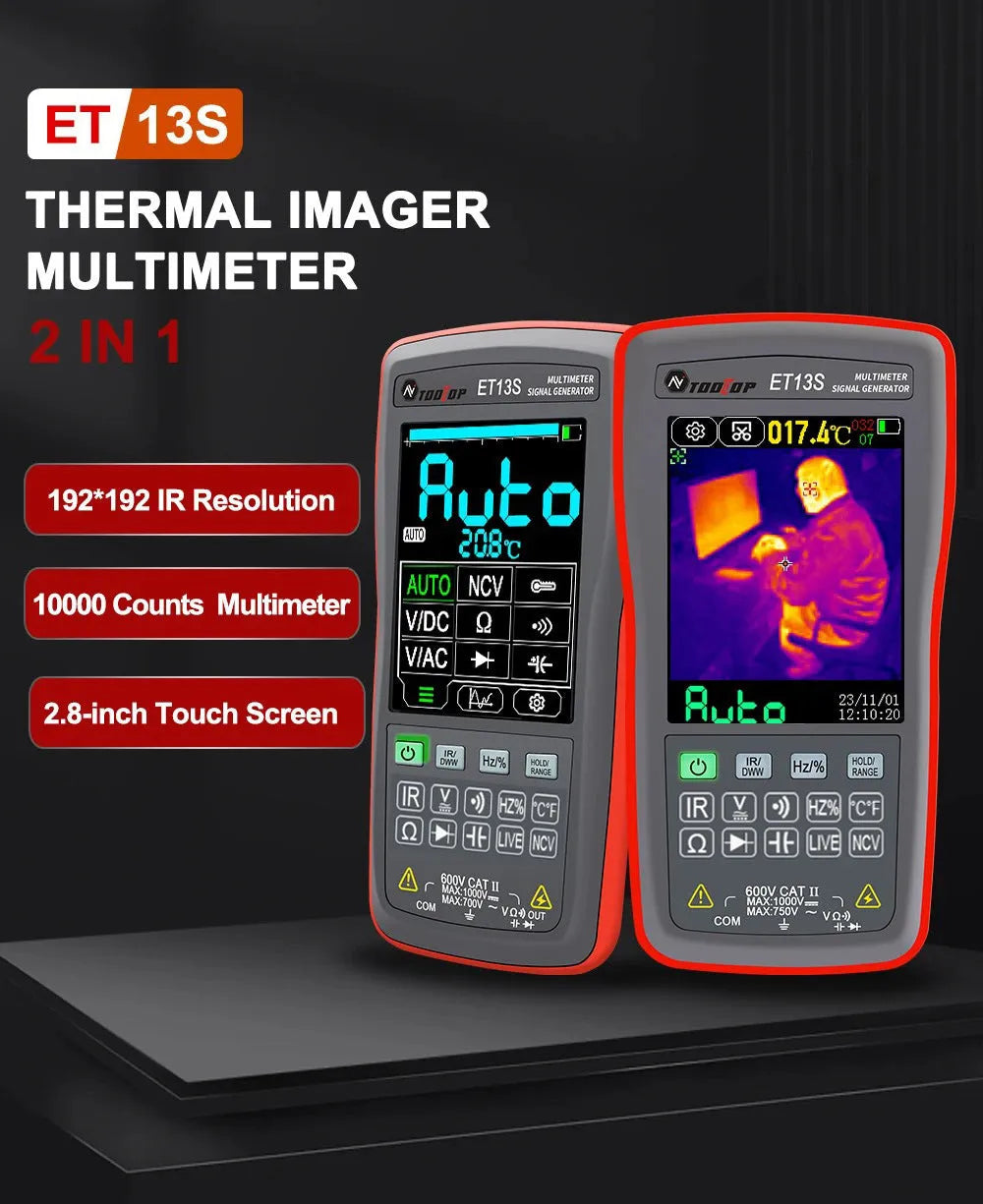ET13S thermal imaging multimeter showing infrared display and electrical measurement functions on 2.8 inch touchscreen