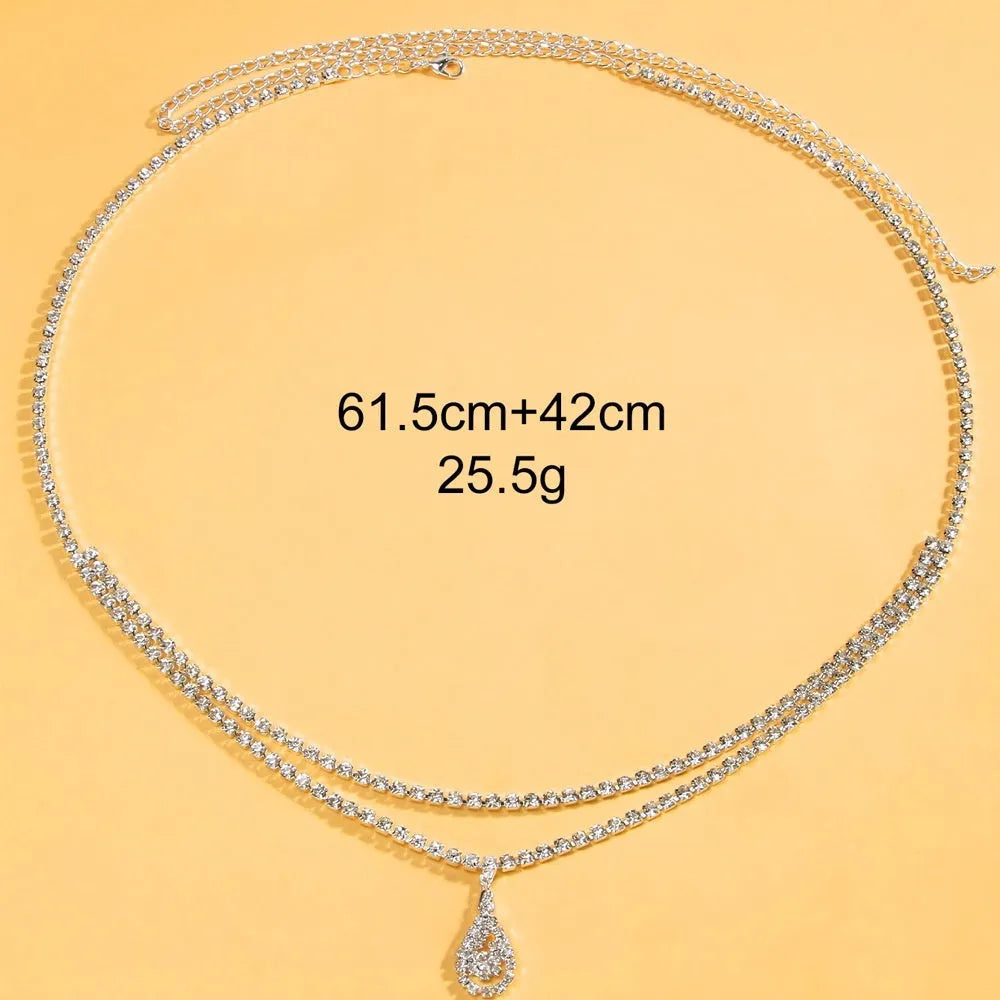 Gold rhinestone water drop pendant waist chain with lobster buckle closure