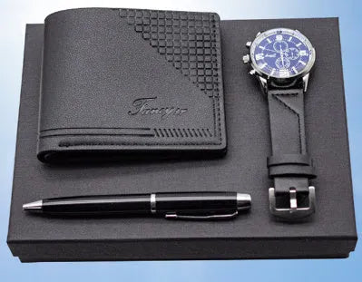 Business gift set with wallet, pen and watch in modern simplicity design presented in gift box
