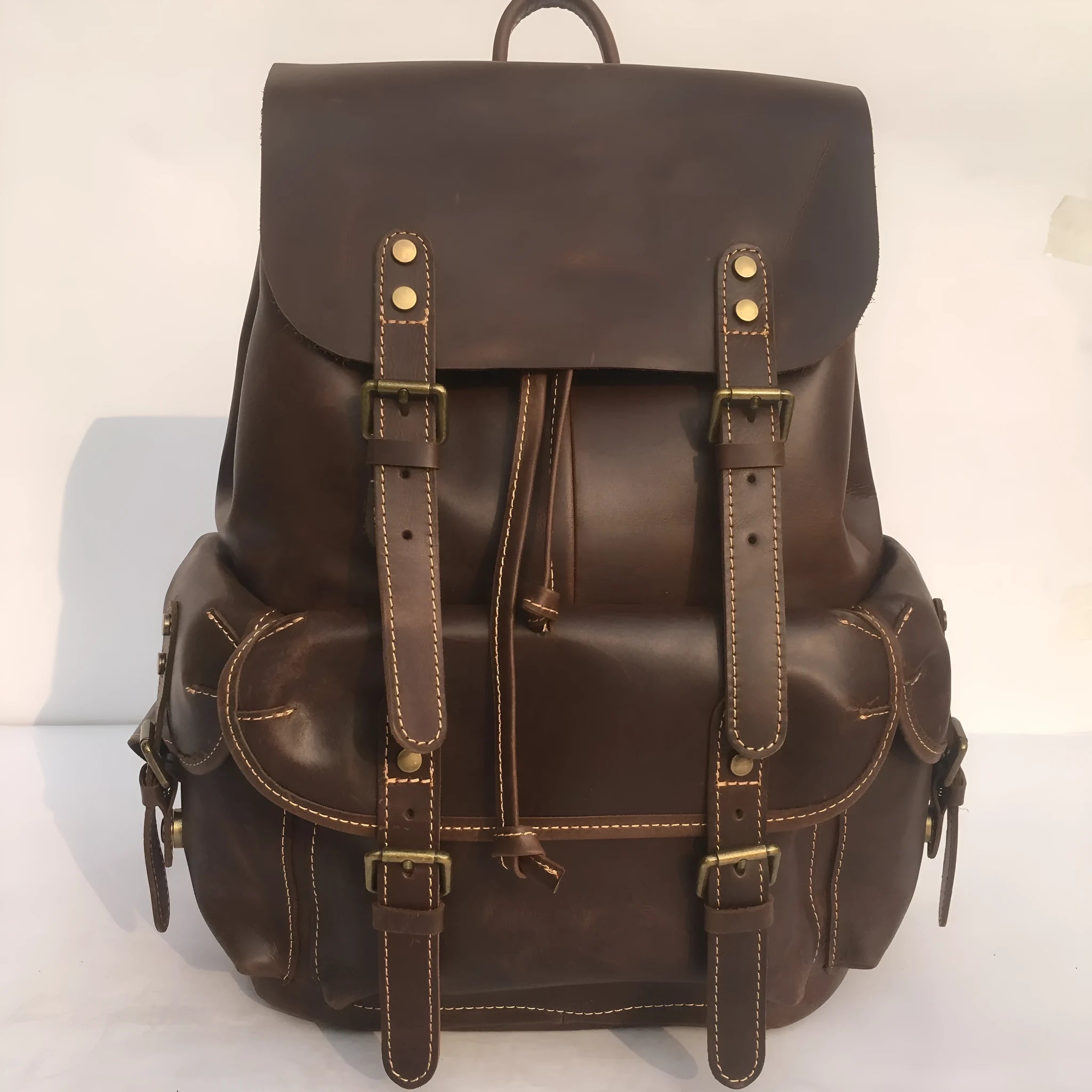 Coffee brown men's genuine leather rucksack with air pillow belt comfort system