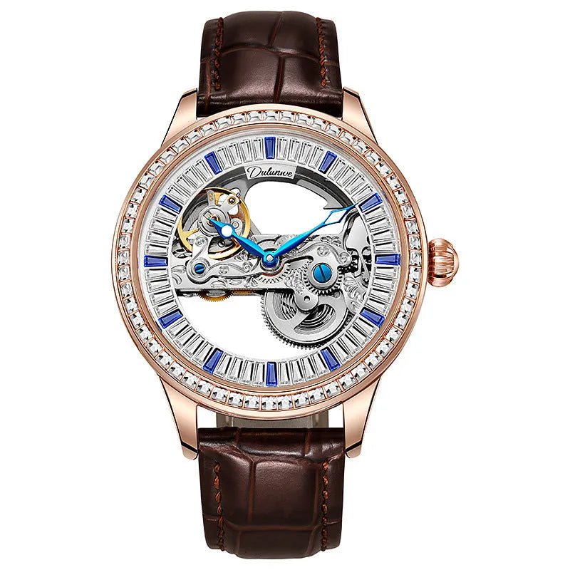 Men's luxury zircon mechanical watch with onion crown on a black leather strap, showing transparent case back.