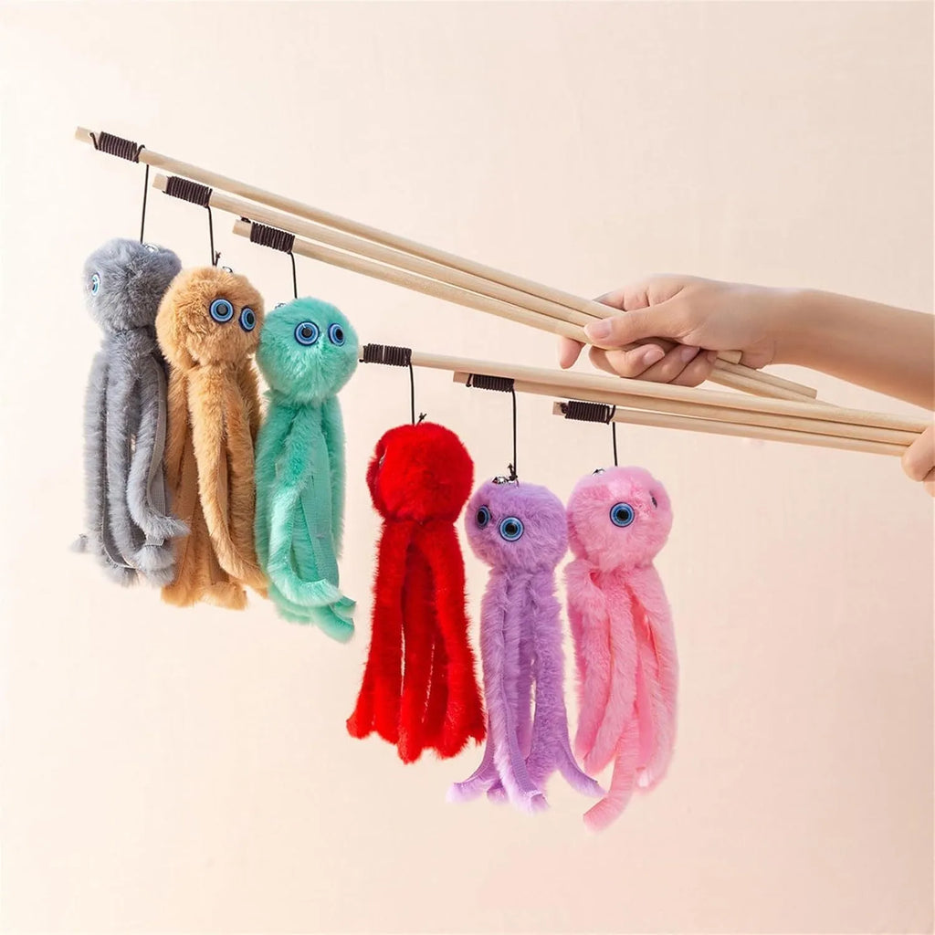 Octopus cat toy with long stick and movable eyes in bright colours for indoor kittens