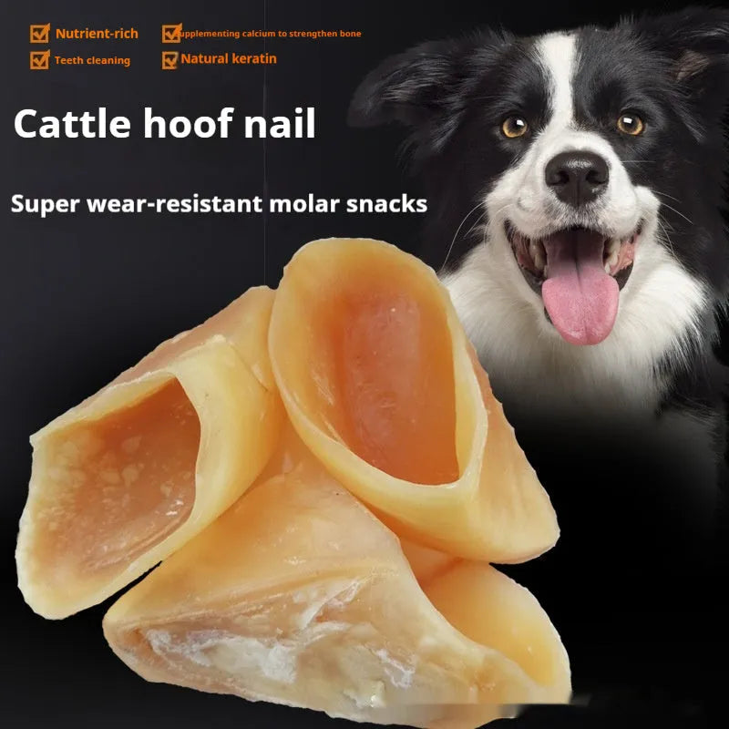 A natural hoof-shell coloured cowhide chew stick for dogs, shown in two sizes.