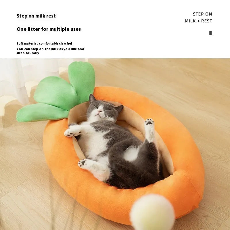 Carrot-themed double-sided washable cloth pet mattress for dogs, shown in medium and large sizes.