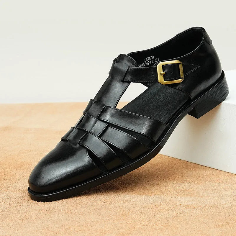 Men's black genuine leather retro sandals with pigskin lining for business casual summer wear