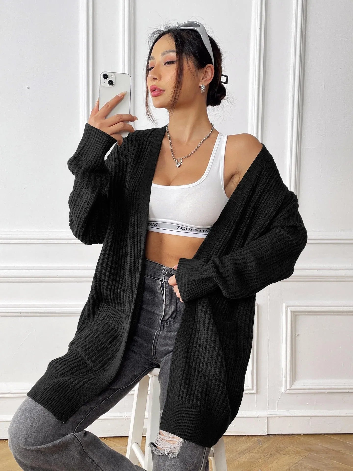 Women's double pocket acrylic cardigan in mid-length loose fit
