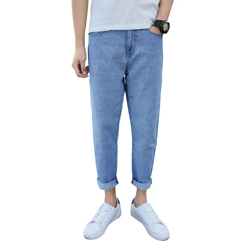 Men's loose straight harem style jeans in black or blue cotton fabric