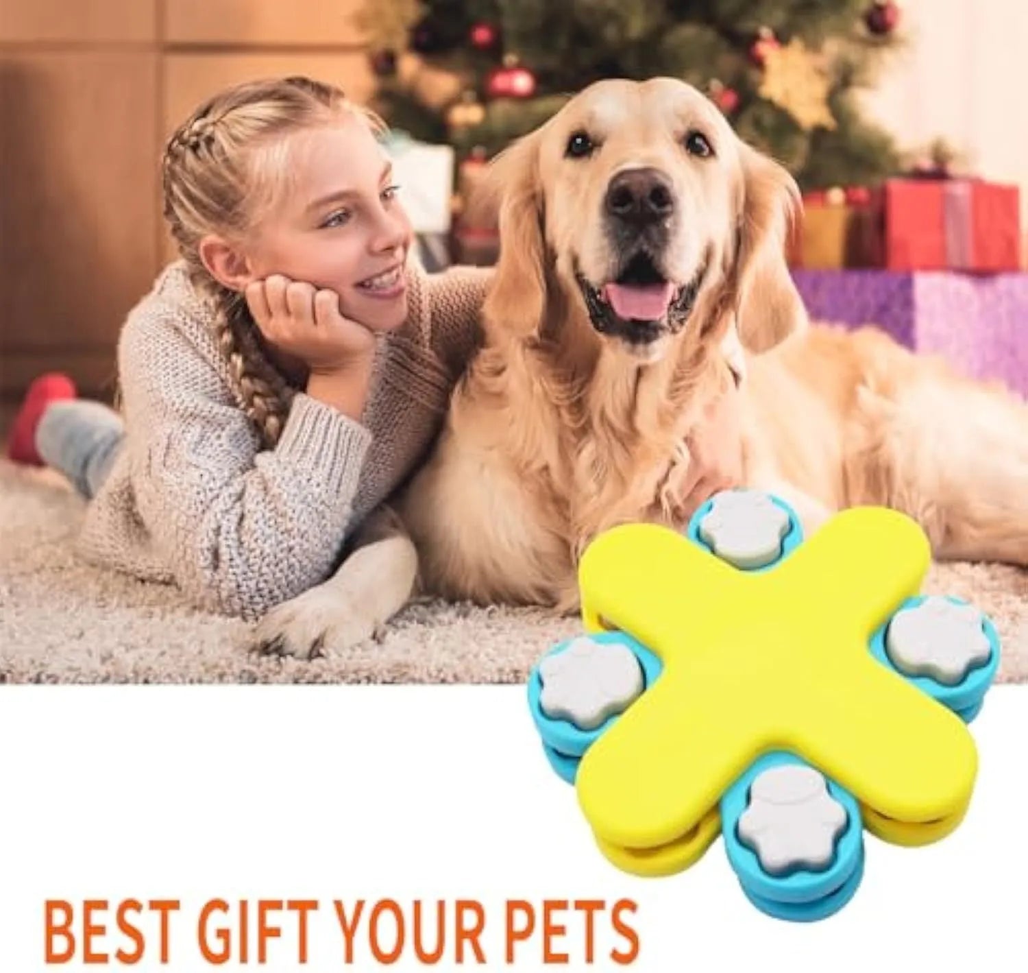 Yellow three-layer rotating dog puzzle feeder with anti-slip base for interactive feeding