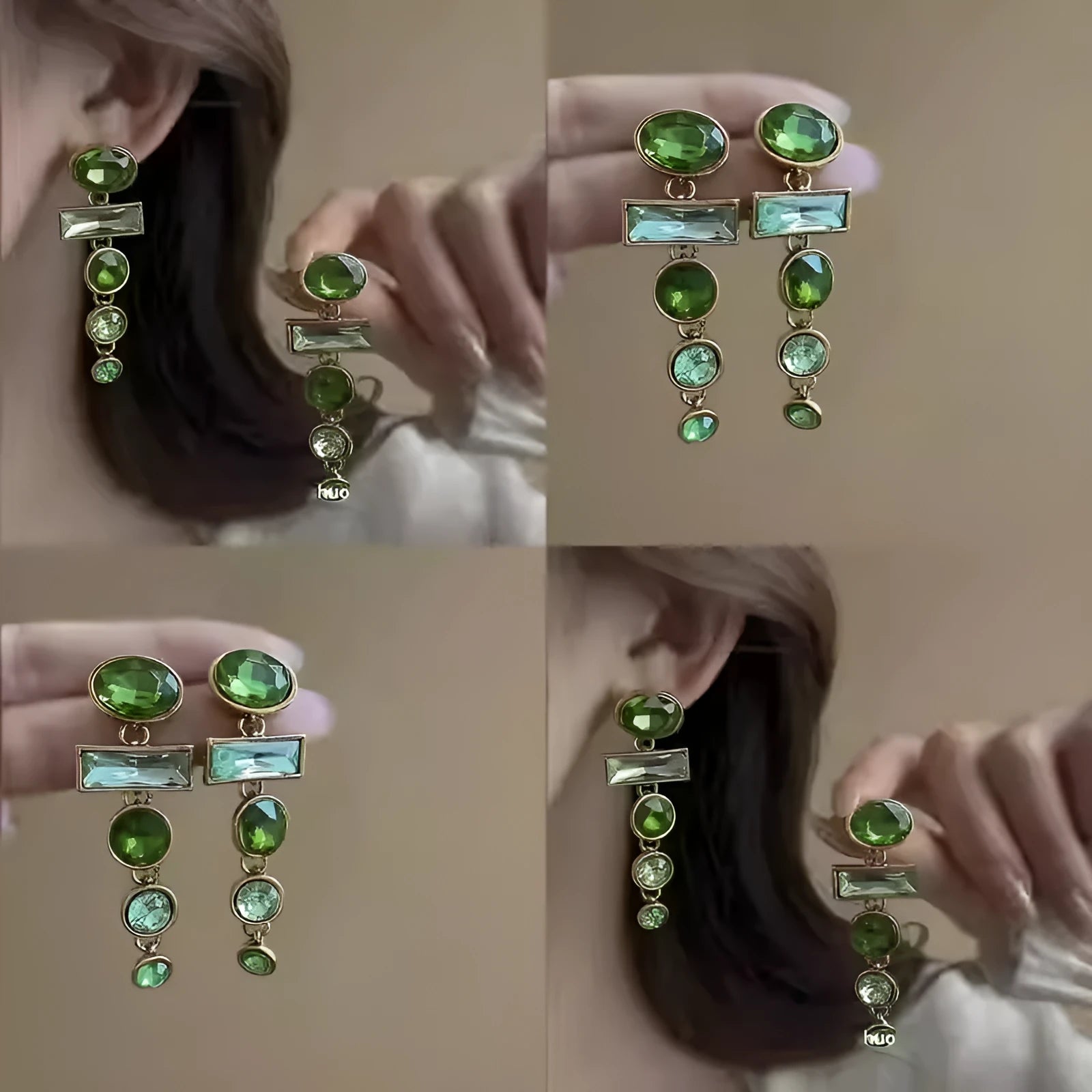 A pair of geometric green gradient alloy earrings with tassel design and inlaid zircon stones.