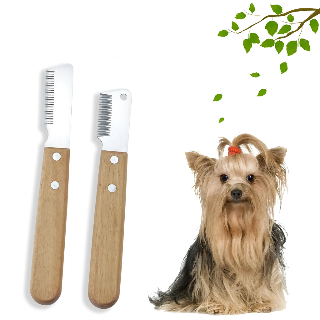 Wood handle pet stripping comb grooming tool for dogs and cats with metal fittings