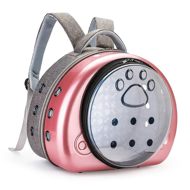 Transparent space capsule cat carrier with removable metallic front cover in pet bag design