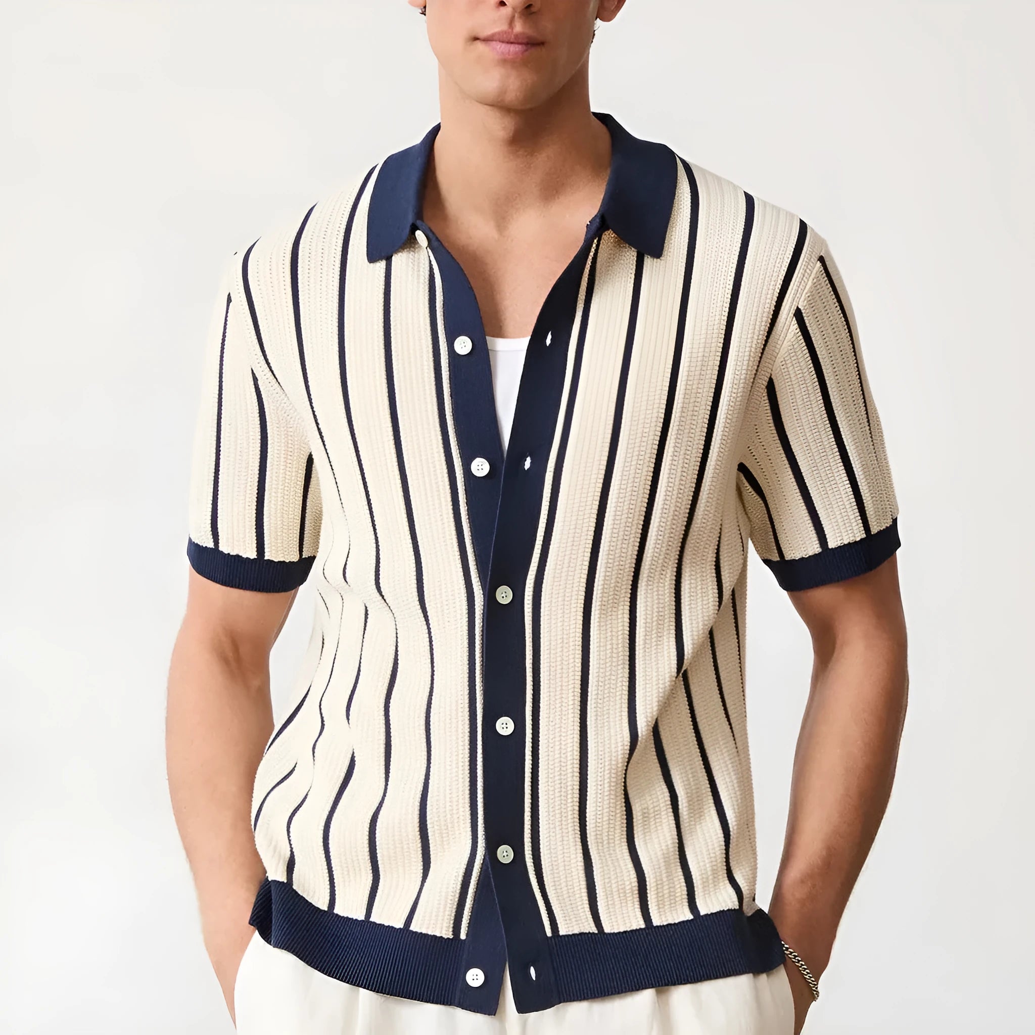 Men's white ice silk knitted short sleeve shirt with lapel collar and asymmetric styling