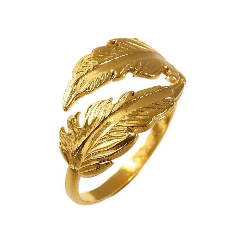 Women's adjustable stainless steel feather ring in gold and silver colour options