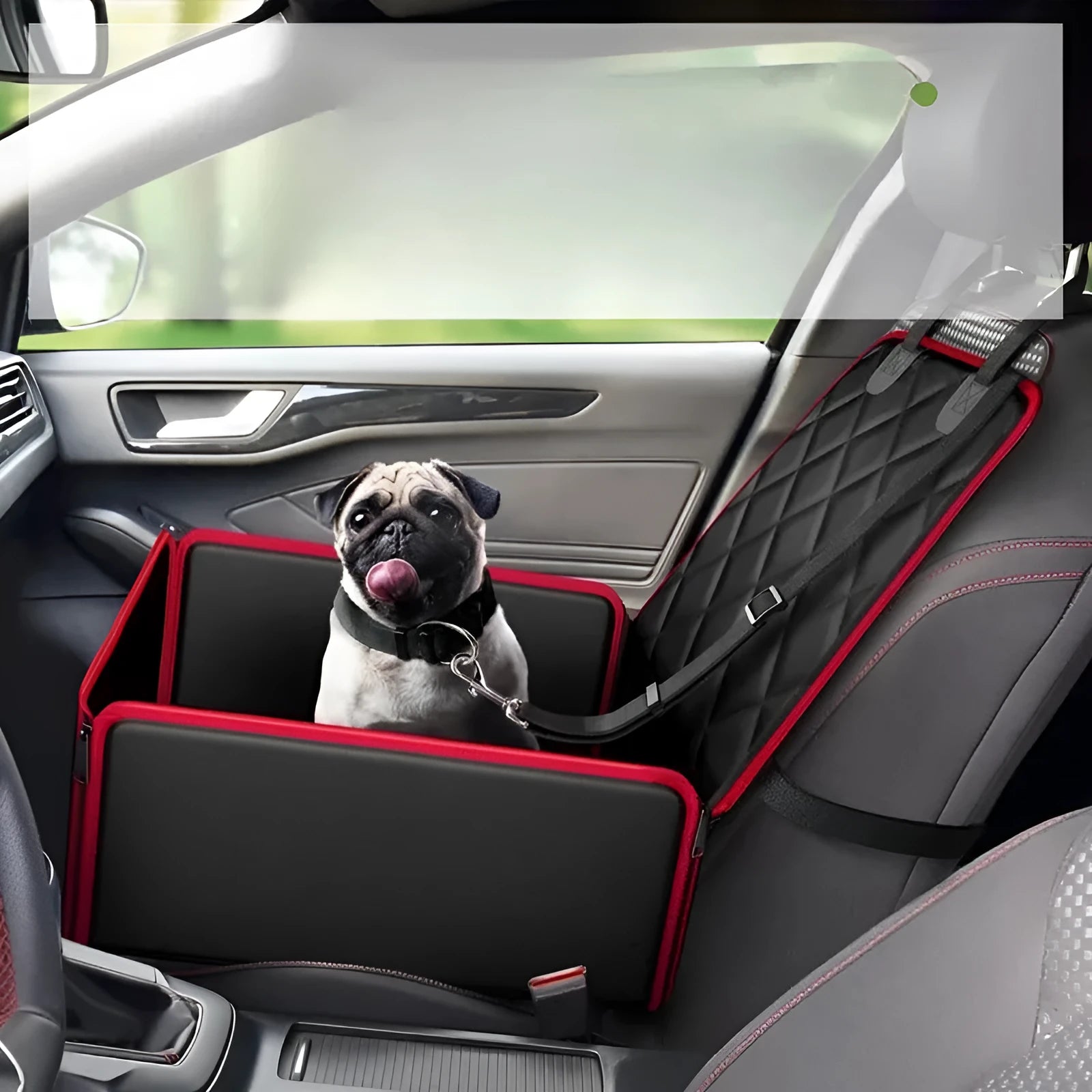 Black pet car pad with non-slip base on vehicle front seat, measuring 42x42x20cm