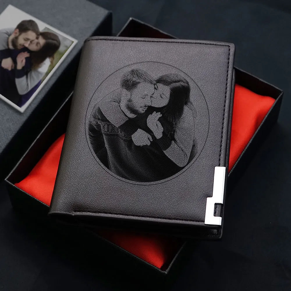 Men's brown leather zip wallet presented in gift packaging