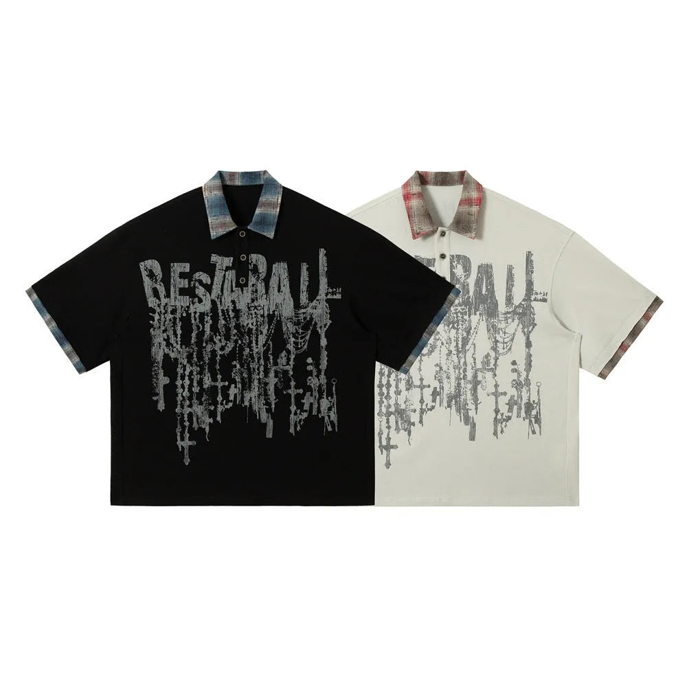 Men's loose fit cotton short-sleeved top with graffiti printing and asymmetric street style design