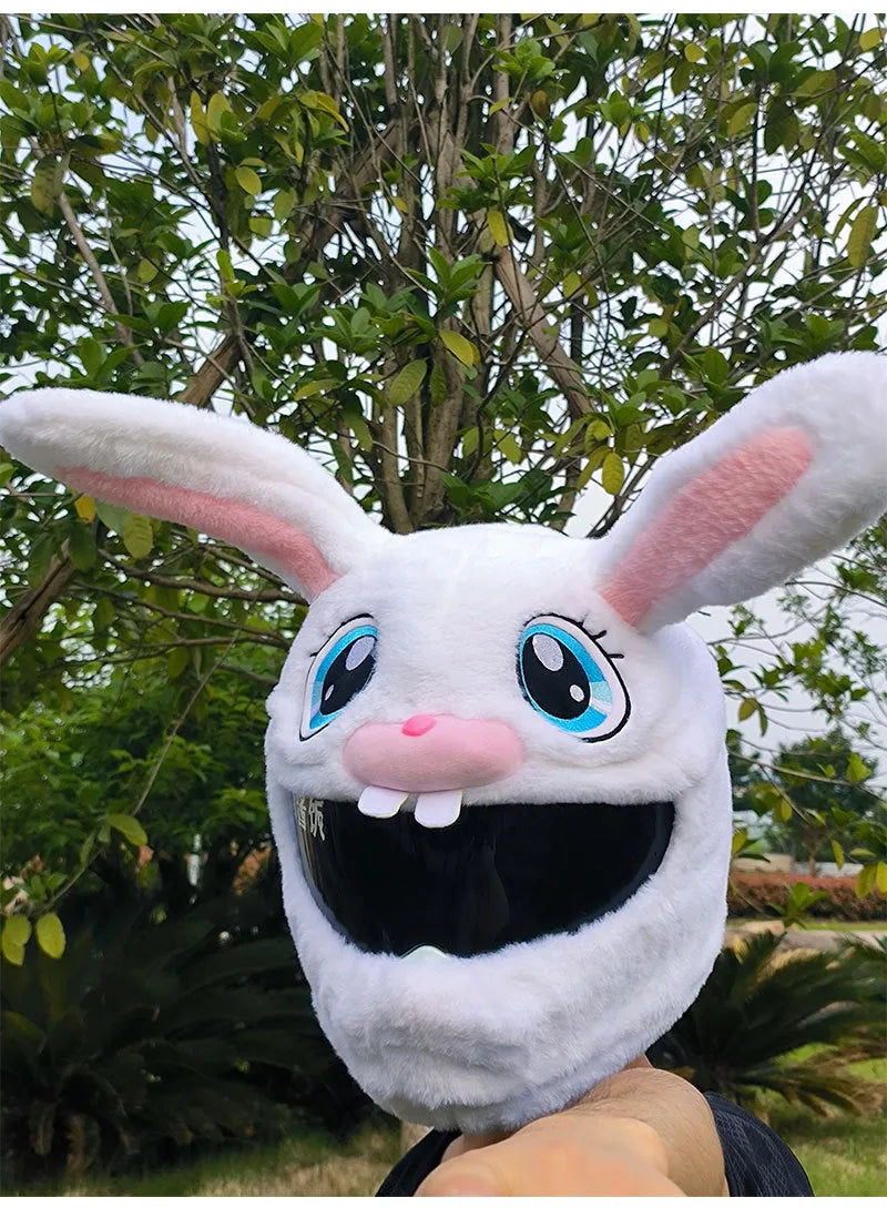 White rabbit head plush helmet cover for electric motorcycles on a helmet.