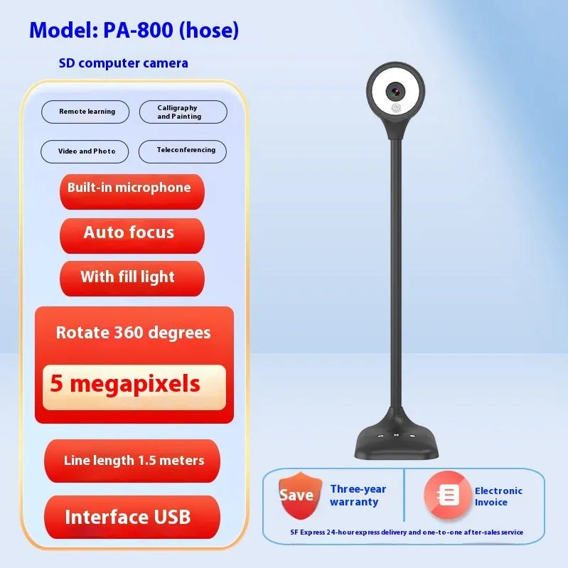 USB computer webcam with a built-in microphone on a desk, showing different model options with remote controls and cables.