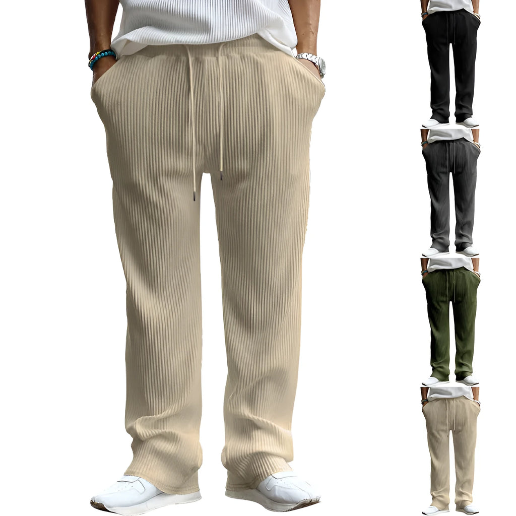 Men's loose fit high waist straight leg casual trousers in khaki colour on a hanger.