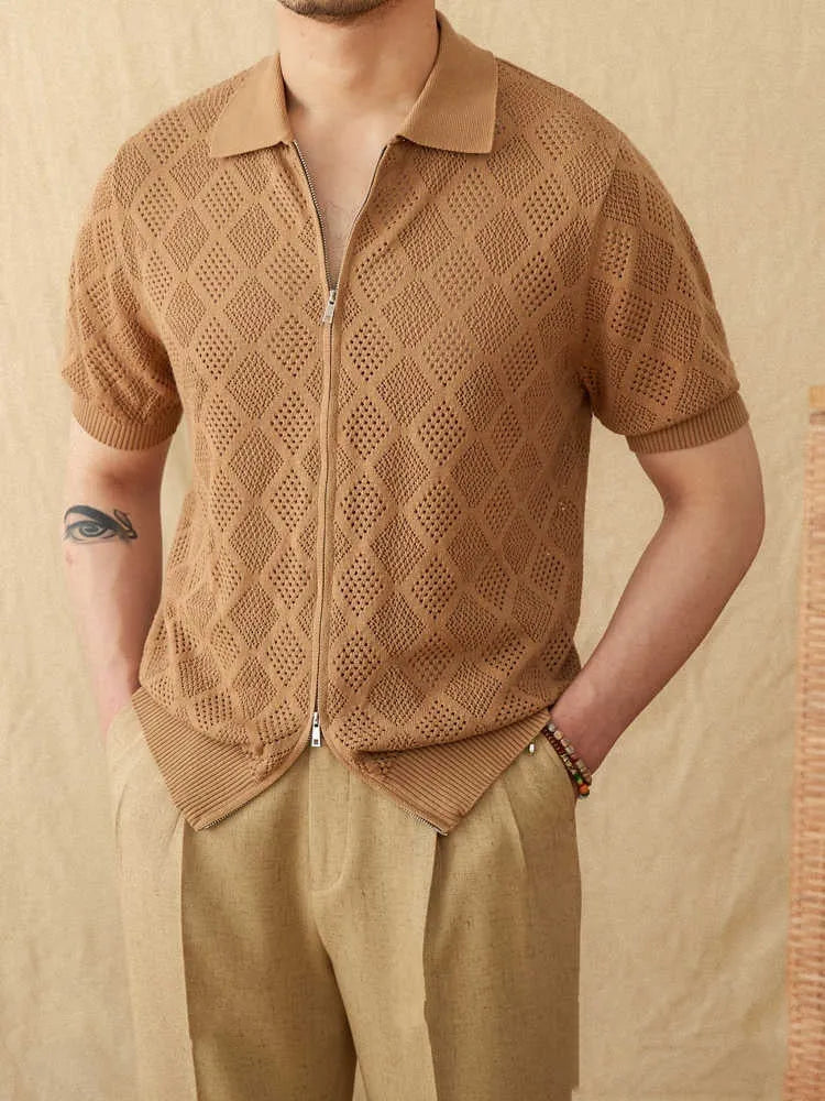 Light brown cotton cardigan with lapel collar, short sleeves, and front zipper