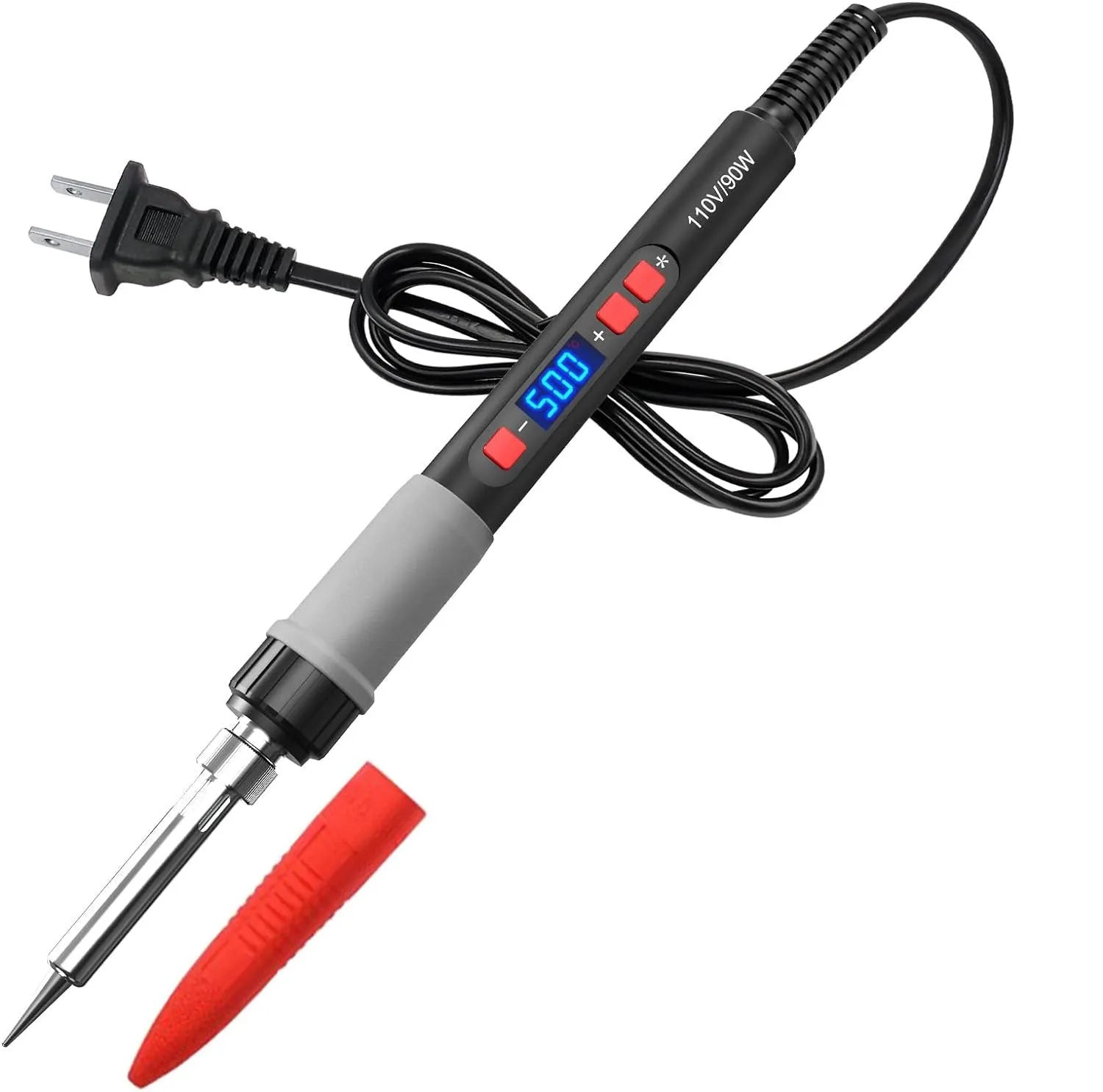 Grey 90W electric soldering iron with ceramic heating core, adjustable temperature, and set of five tips.