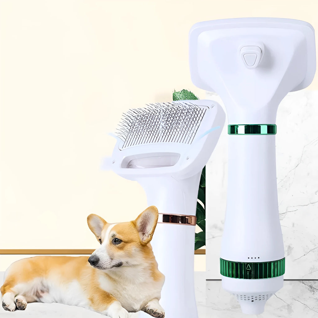 Pet hair dryer and comb grooming tool for dogs and cats with adjustable airflow and temperature settings