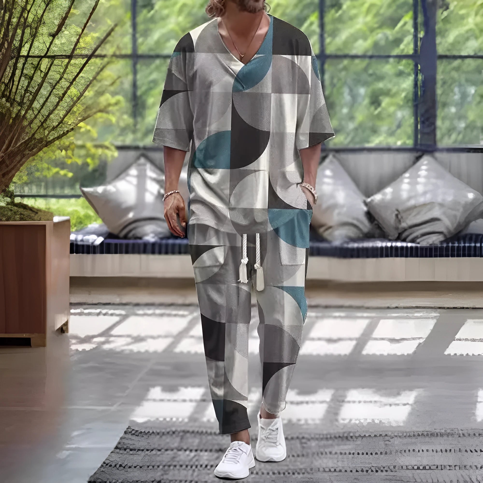 Women's light grey V-neck cropped sleeve jacket and matching trousers suit set on a hanger.