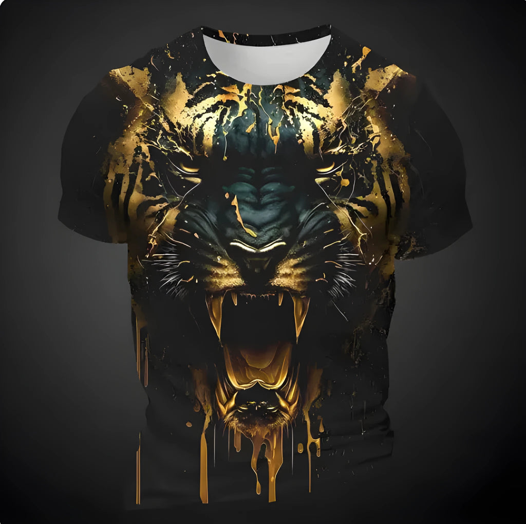 Close-up of a men's grey T-shirt featuring a detailed 3D digital print of a tiger's face on the chest.
