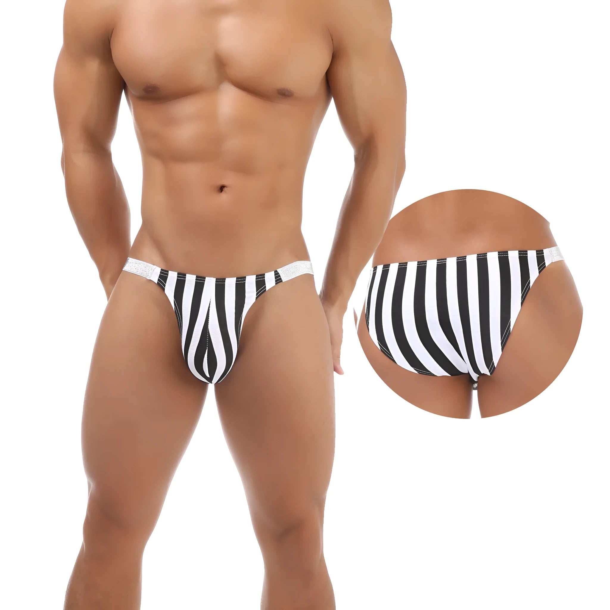 Men's zebra stripe pattern briefs with low waist and U pouch design in nylon fabric