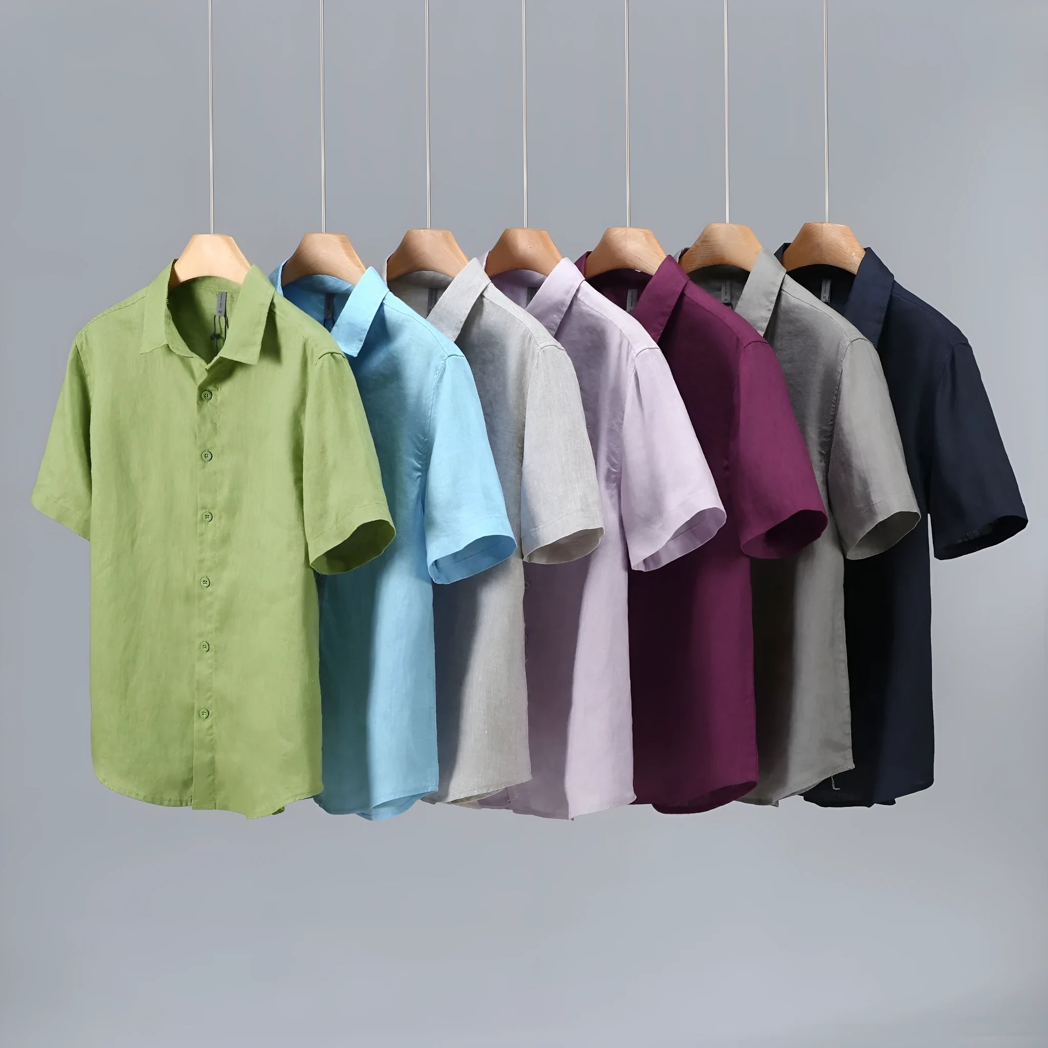 Men's youth casual short-sleeved linen shirt in a cardigan style, shown in one of seven available colours.