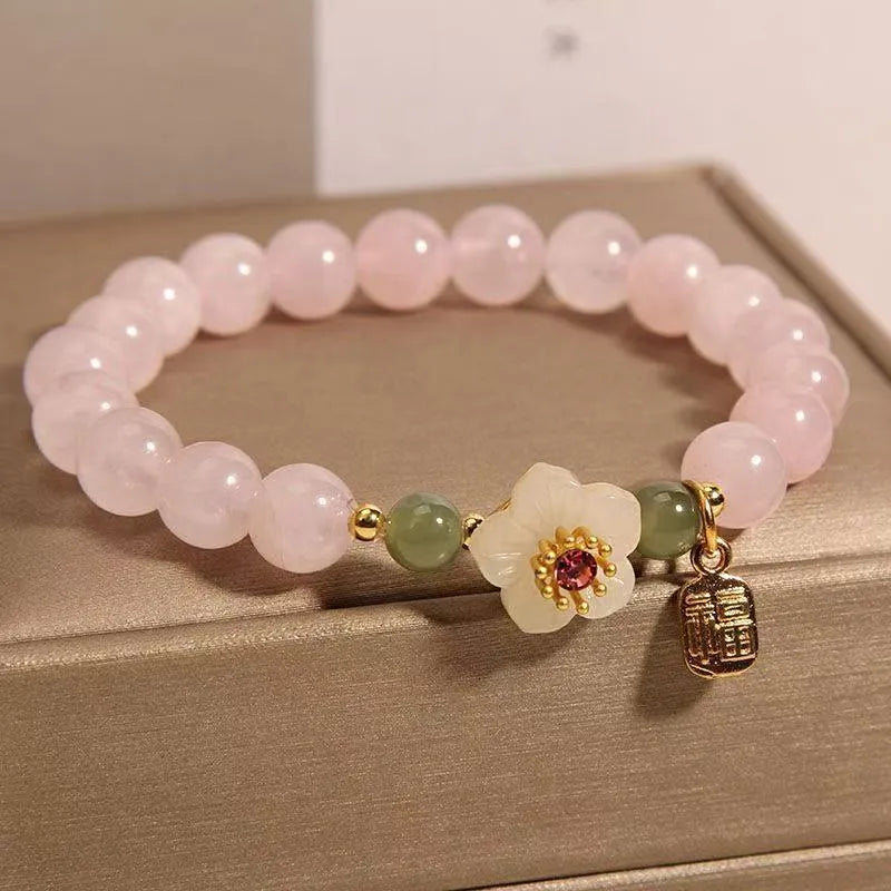 Crystal and Hetian jade beaded bracelet with peach blossom design in pastoral style