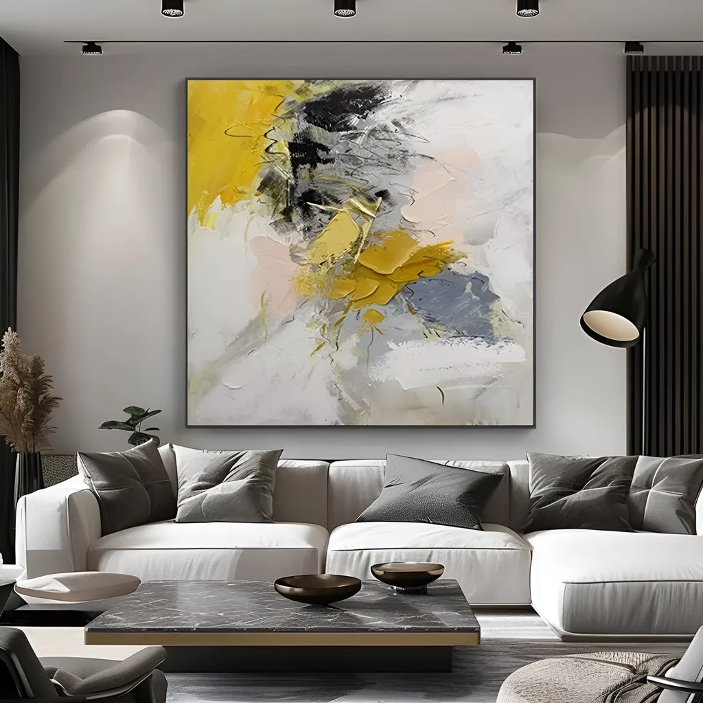 Hand painted acrylic gold abstract oil painting on square canvas for living room decor, no frame, 100cm x 100cm size