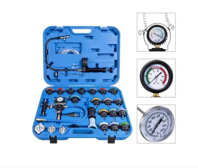 Blue 28-piece automotive cooling system pressure tester kit with gauge and adapters