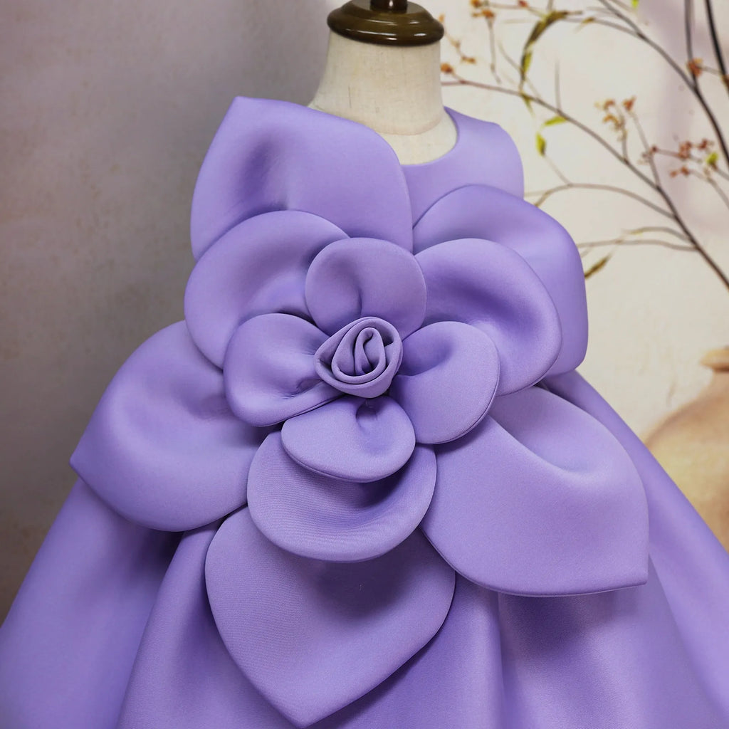 Purple solid colour dress with flower pattern for girls, acetate fabric, available in 90cm to 130cm heights