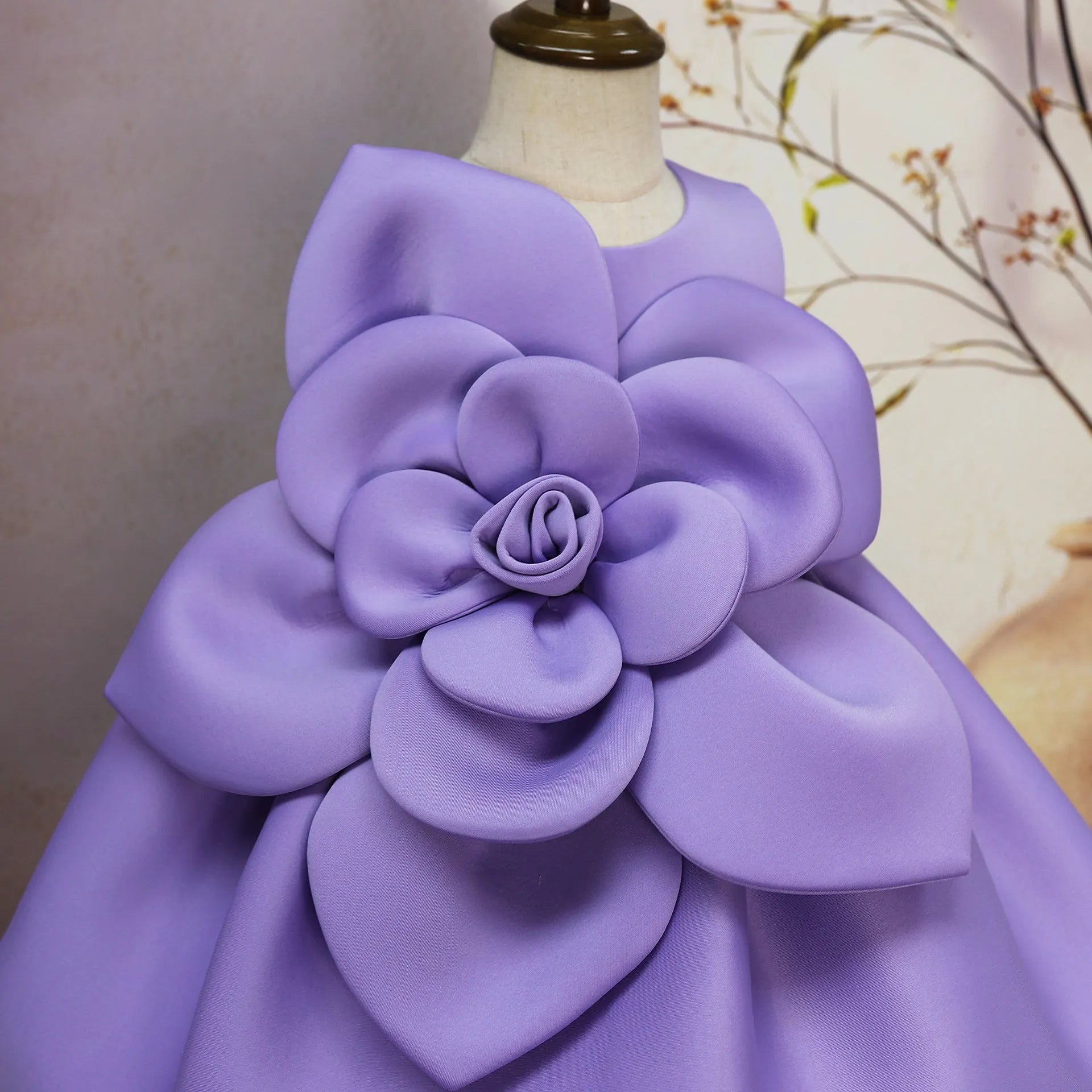 Purple solid colour dress with flower pattern for girls, acetate fabric, available in 90cm to 130cm heights